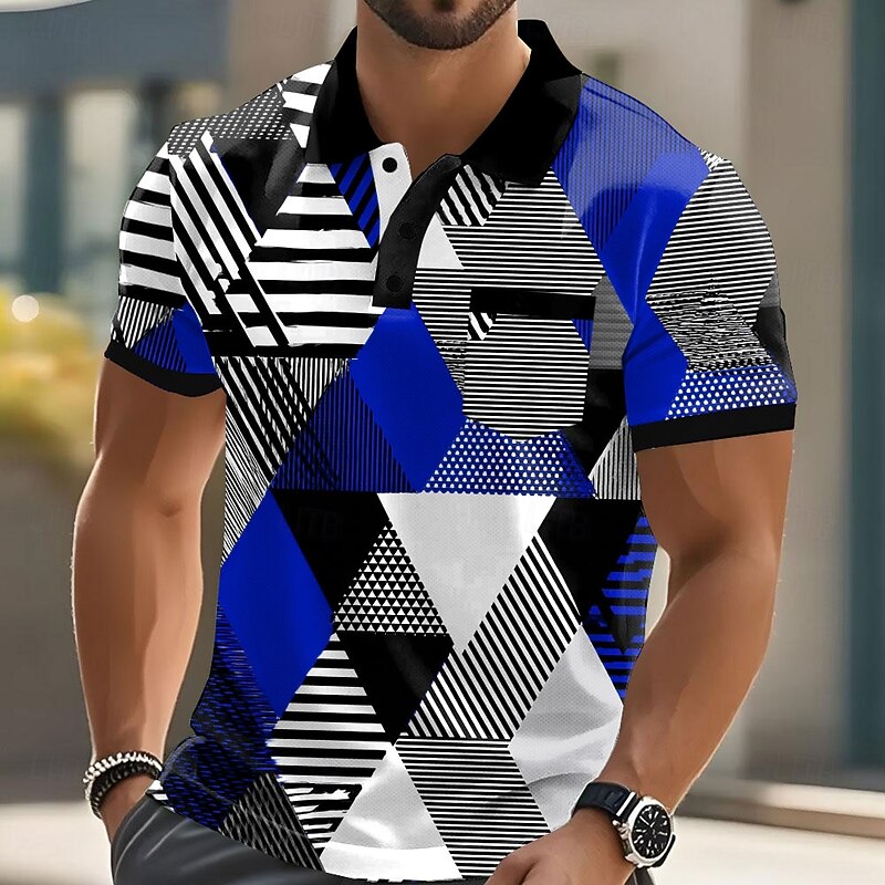 Men's Geometric Pattern Polo Short Sleeve Polo Shirts Collared Shirts Casual Outdoor Athleisure Daily Wear Pocket 3D Print Buttons Summer Red Blue Purple3