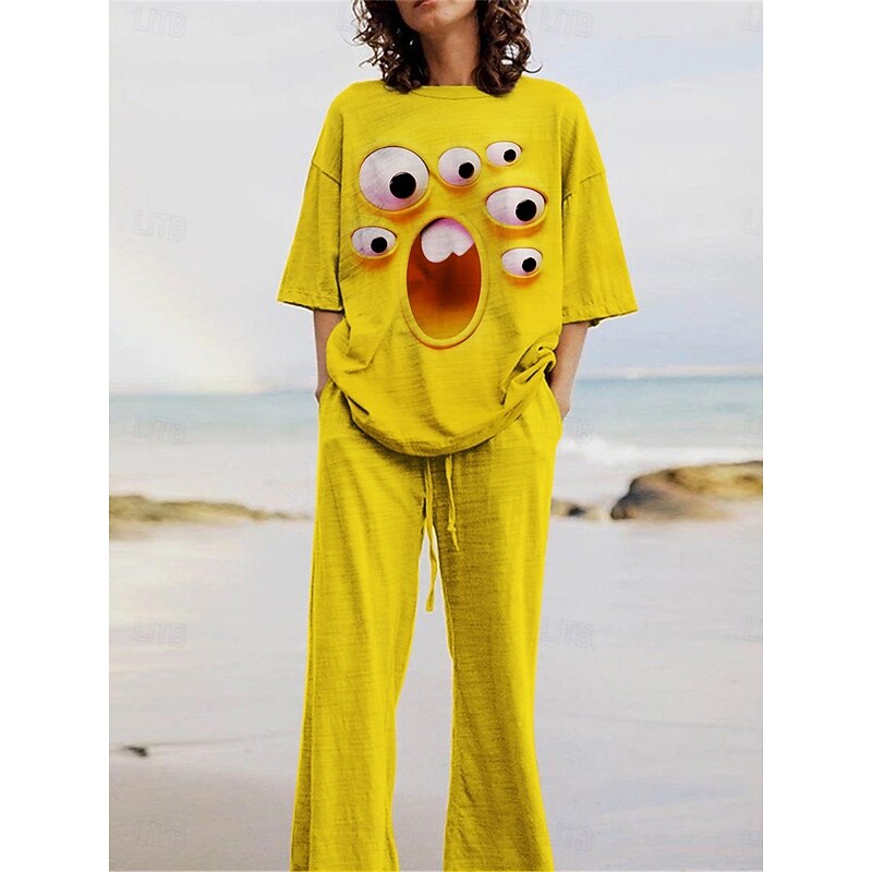 Women's Cartoon Funny Smile Face Pants Sets 3/4 Length Sleeve Crew Neck 3D Print Print Vacation Daily Holiday Yellow Pink Red Summer Regular Fit3