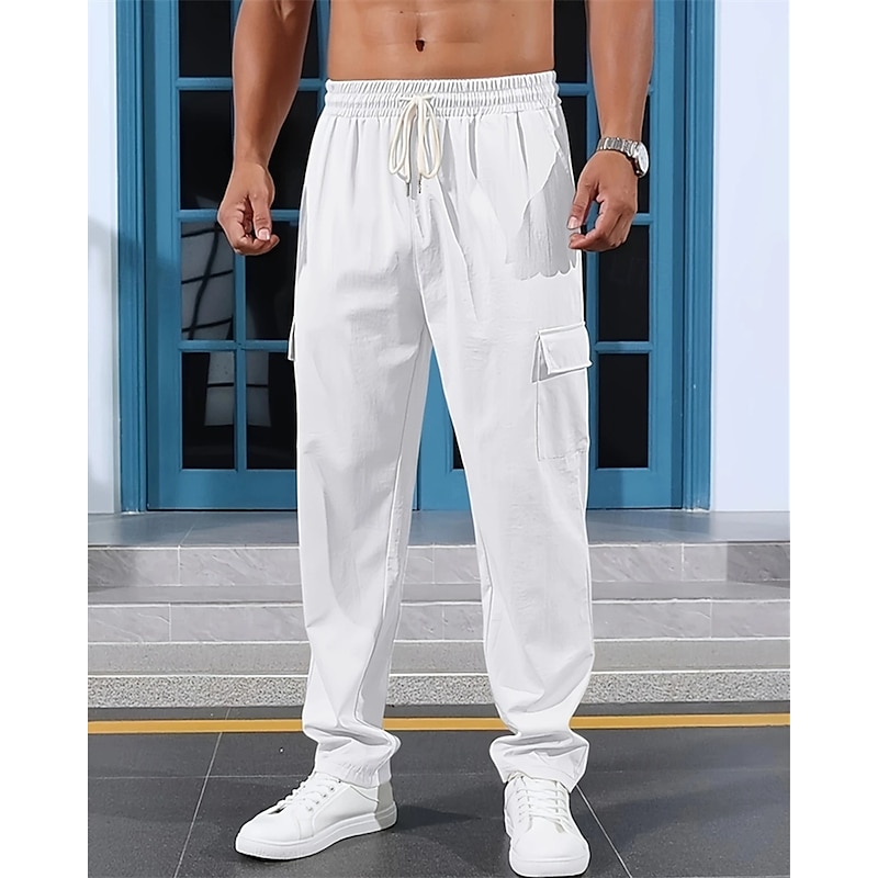 Men's Linen Pants Trousers Summer Pants Beach Pants Elastic Waist Drawstring Multi Pocket Plain Comfort Breathable Vacation Daily Holiday Hawaiian Boho Black White