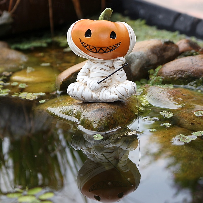 Halloween Resin Bandaged Pumpkin Fishing Figurine, Spooky Outdoor Yard Garden Planter and Desktop Home Decoration4