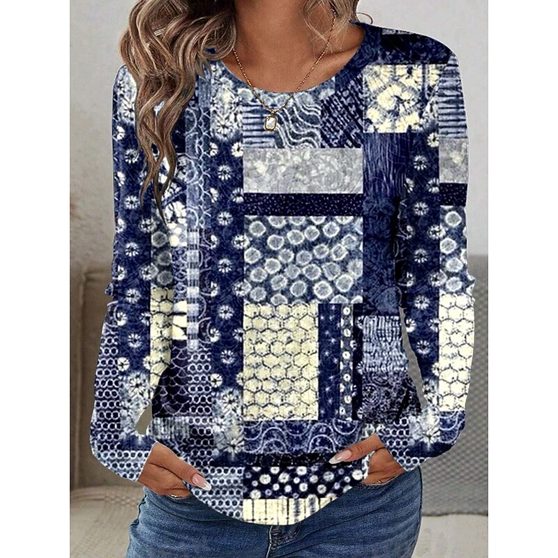 Women's T shirt Crew Neck Long Sleeve Tunic Graphic Geometric Paisley Vintage Stylish Classic  Round Neck Regular Tops Daily Print Royal Blue Brown Green Fall