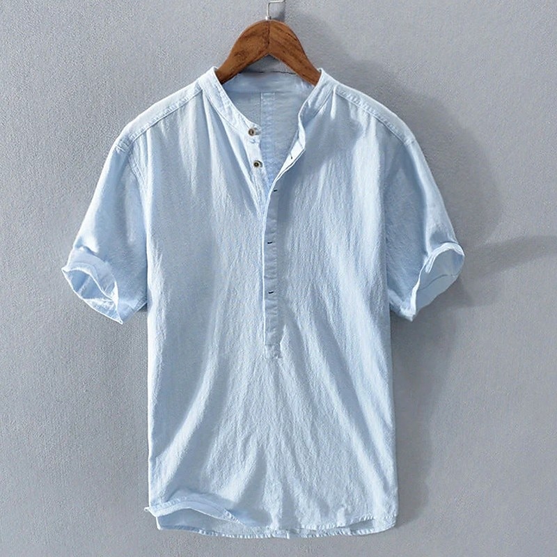 Men's Shirt Linen Shirt Popover Shirt Summer Shirt Beach Wear Solid Color Vacation Street White Navy Blue Blue Short Sleeve Band Collar Summer Spring Clothing Apparel