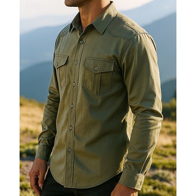 Men's Cargo Shirt Long Sleeve Turndown Top Outdoor Soft Breathable Polyester Black Green Khaki Tennis Golf Running3