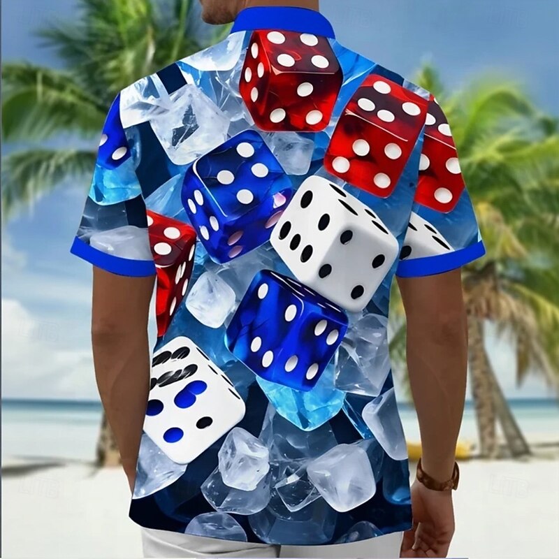 Men's Dice Shirt Summer Shirt Button Up Shirt Short Sleeve Vintage Retro Outdoor Vacation Dailywear Summer Spring Turndown 3D Print Collared Shirts Front One Pocket Red Blue4