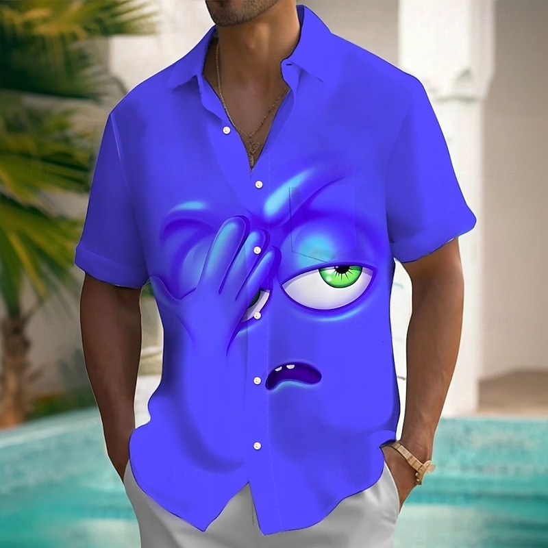 Men's Cartoon Funny Facepalm Shirt Summer Shirt Button Up Shirt Short Sleeve Fashion Casual Outdoor Vacation Dailywear Summer Spring Turndown 3D Print Collared Shirts Front One Pocket Purple