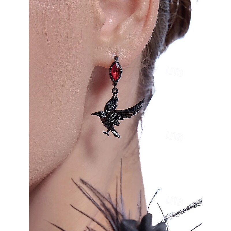 Women's Gothic Raven Drop Earrings with Red Gemstone – Alloy Lightweight Halloween Jewelry for Party, Cosplay and Costume Accessories3