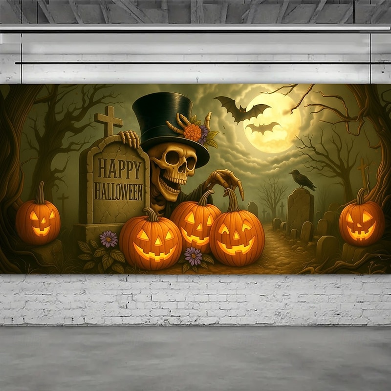 Halloween Garage Door Cover Outdoor Pumpkin and Snowman Banner, Large Tapestry Backdrop Decoration for Holiday Outdoor Garage Door and Home Wall, 2025 Halloween Decorations2