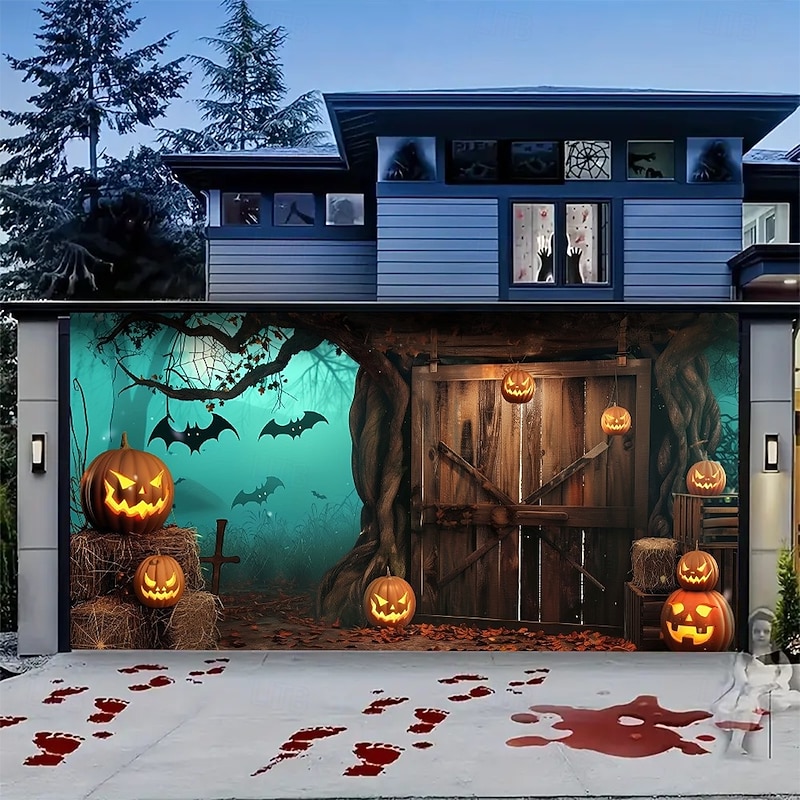 Halloween Garage Door Cover Outdoor Pumpkin and Wooden Door Scene Banner, Large Tapestry Backdrop Decoration for Holiday Outdoor Garage Door and Home Wall, 2025 Halloween Decorations2
