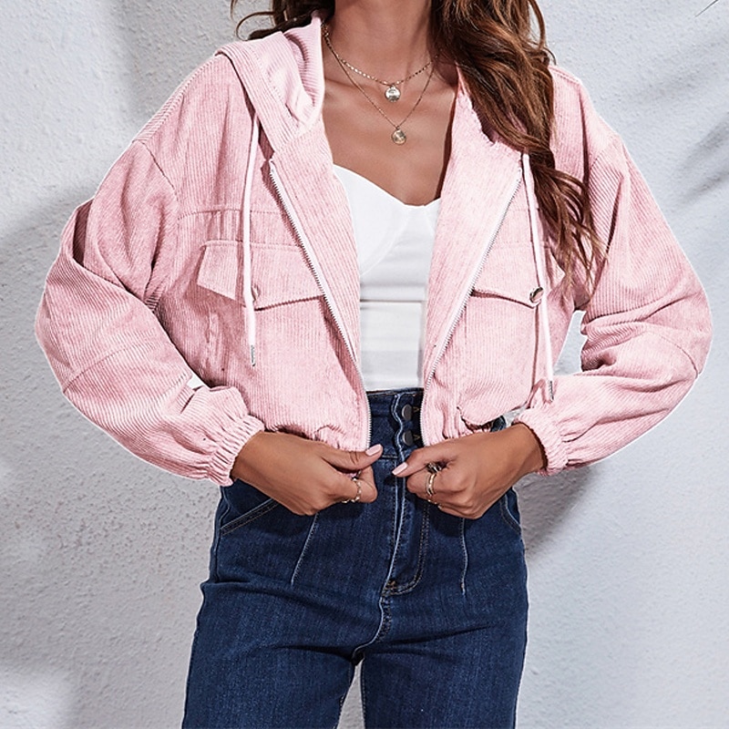 Women's Casual Jacket Warm Comfortable Zipper Pocket Fashion Outdoor Plain Going out Weekend Zipper Short Hooded Regular Fit Long Sleeve Outerwear Black Pink Fall Winter