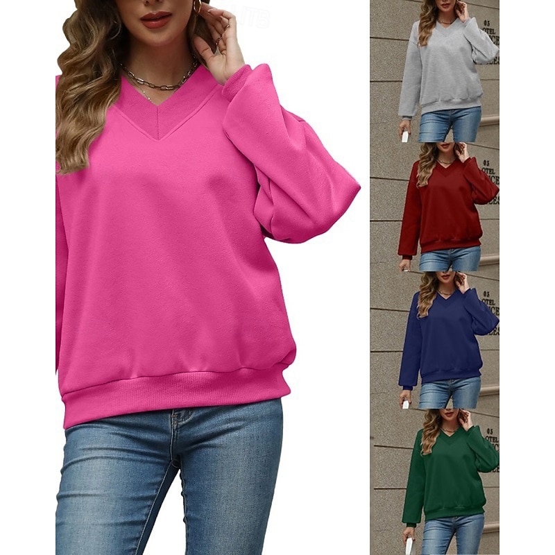 Women's Pullover Sweatshirt Sweatshirts Plain Streetwear Casual Long Sleeve V Neck Regular Tops Home Street Holiday Wine Navy Blue Fuchsia Green Gray Fall Winter