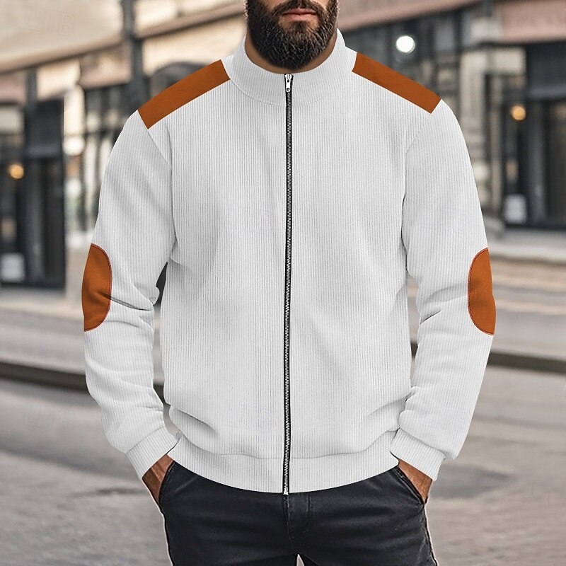 Men's Sweatshirt Corduroy Full Zip Sweatshirt Apricot Black White Navy Blue Coffee Standing Collar Plain Patchwork Color Block Sports & Outdoor Casual Daily Streetwear Cool Sportswear Spring &  Fall3