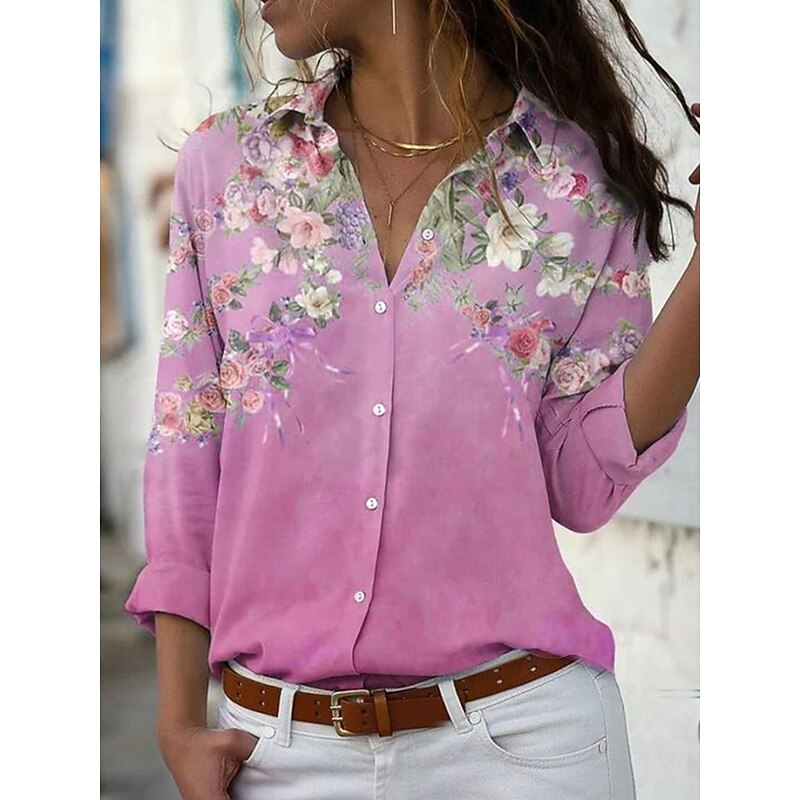 Women's Shirt Button Down Tunic Shirt Collar Long Sleeve Ombre Floral Graphic Daily Stylish Casual Regular Tops Work Daily Holiday s Print Sage Green Pink Blue Light Purple Purple
