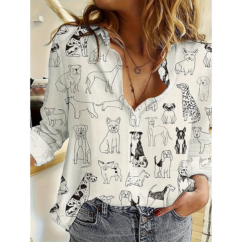 Women's Shirt Button Down Tunic Shirt Collar Long Sleeve Graphic Animal Vintage Stylish Casual V Neck Regular Tops Work Daily s Print Black And White Black Blue Rainbow Spring Fall Winter4