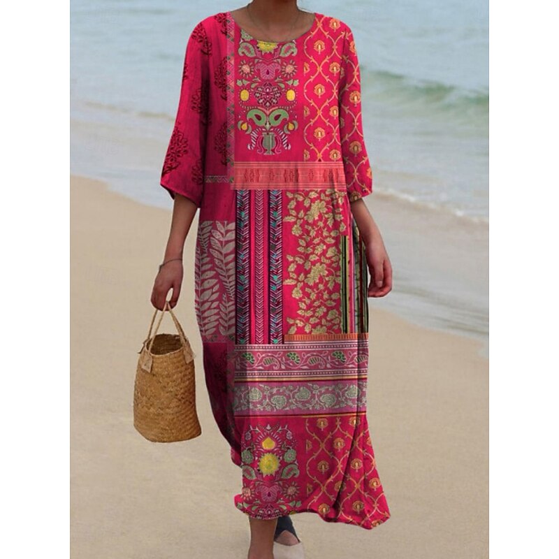 Women's Midi Dress Casual Dress Print Dress Vintage African Daily Beach Weekend Regular Fit Floral Color Block 3/4 Length Sleeve Crew Neck Yellow Pink Red Spring Fall Autumn