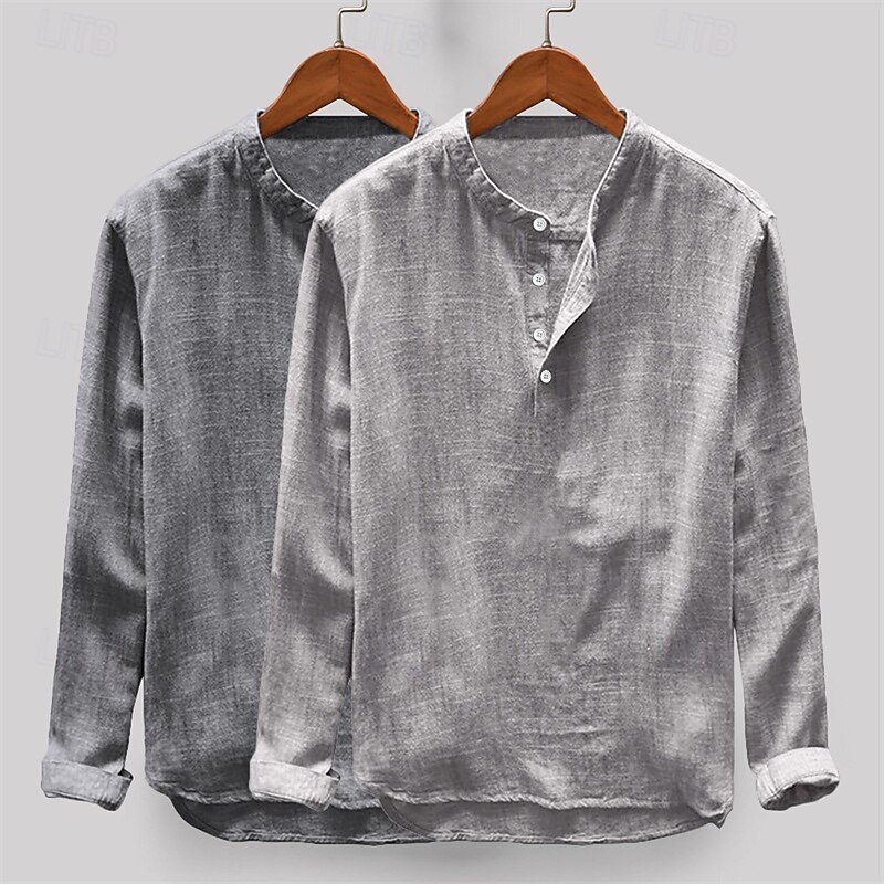Men's Linen Shirt Band Collar Shirt Summer Shirt Beach Wear Solid Color Vacation Casual Light gray+blue Dark Gray+Light Gray Blue+Khaki Khaki+Dark Grey Long Sleeve Collar Summer Spring Clothing4