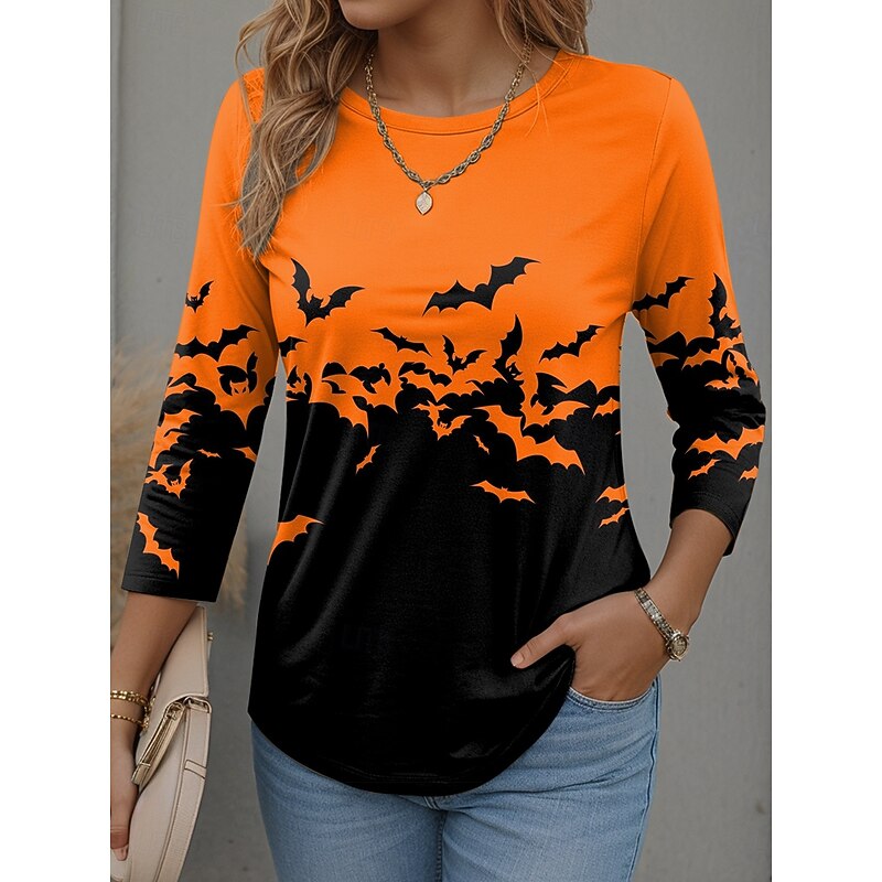 Halloween Women's T shirt Black Cat Long Sleeve Graphic Stylish Modern Long Sleeve Crew Neck Regular Tops Daily Weekend Print Black Yellow Orange Spring Fall Winter Prefall4