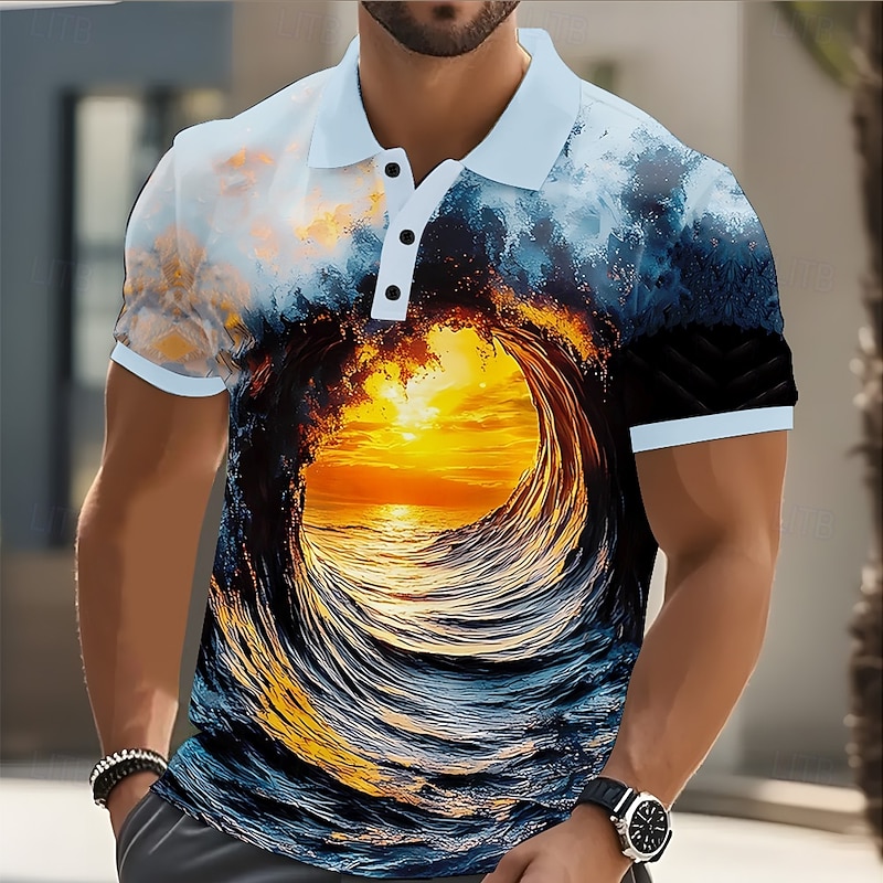 Men's Ocean Sunset Polo Short Sleeve Polo Shirts Casual Street Athleisure Daily Wear 3D Print Buttons Summer Blue Sky Blue