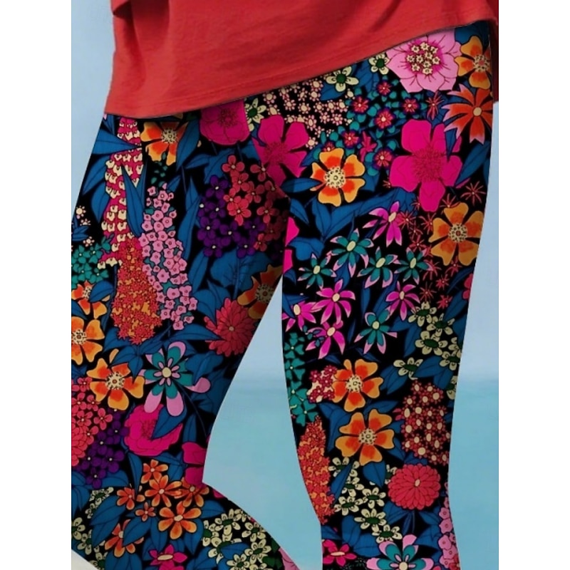 Women's Pants Trousers Leggings Cozy Leggings Streetwear Casual Full Length High Waist Floral Elastic Waist Print Breathability Comfortable Stretchy Vacation Street Daily Wear Navy Blue Summer Spring3