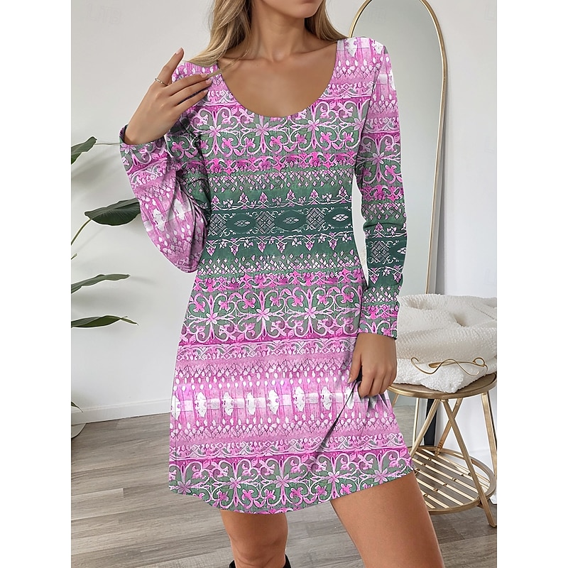 Women's Mini Dress Crew Neck Long Sleeve T Shirt Dress Tee Dress A Line Dress Casual Daily Regular Fit Graphic Geometric Pink Blue Purple Fall Winter4