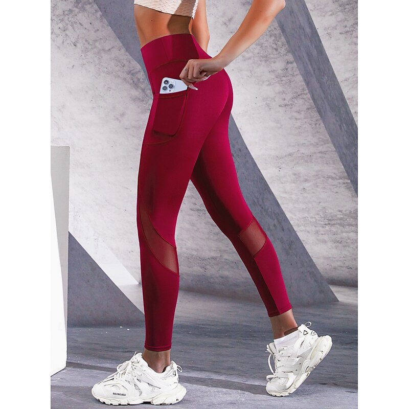 Women's Tights Cozy Leggings Tights Athletic Full Length High Waist Patchwork Patchwork Side Pockets Comfy Butt Lift Tummy Control Yoga Casual Daily Black Burgundy Spring Fall Skinny2