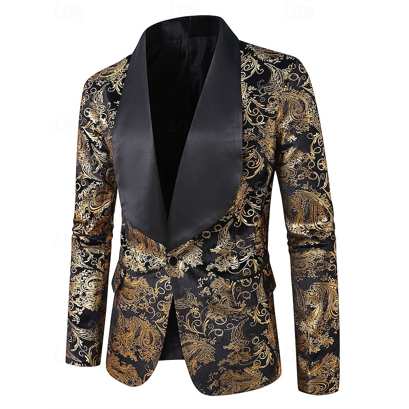 Men's Blazer Business Cocktail Party Wedding Party Fashion Casual Spring Fall Polyester Paisley Pocket Buttons Comfortable Single Breasted Blazer Gold3