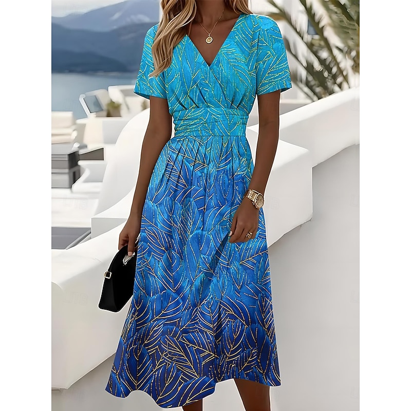 Women's Elegant Midi Dress A Line Dress Wrap Dress V Neck Short Sleeve Regular Fit Floral Graphic Blue Green Dark Blue2
