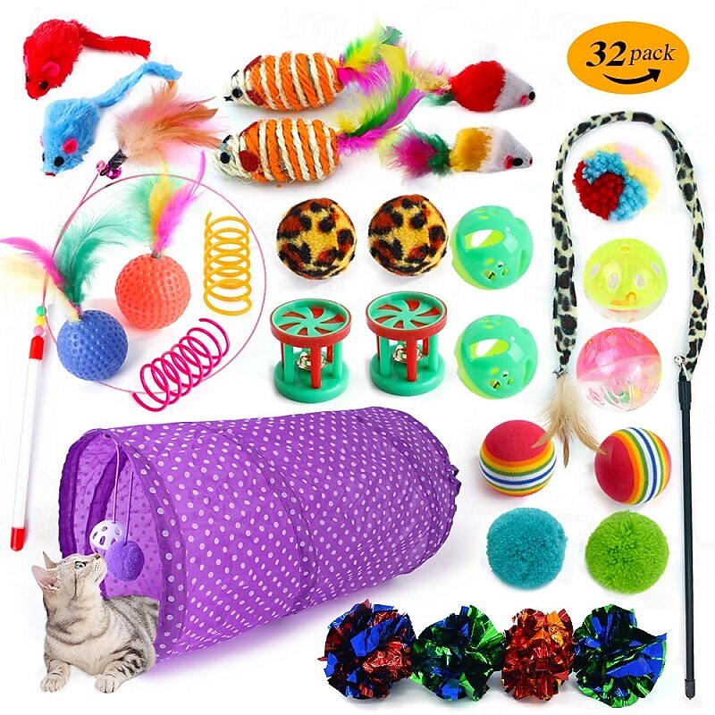 32pcs Ball Feather Toy Mice & Animal Toy Tunnels Squeak Toy with Durable Pet Exercise Releasing Pressure Pet Training Teething Rope Toy for Cat Indoor Outdoor Pet Play4
