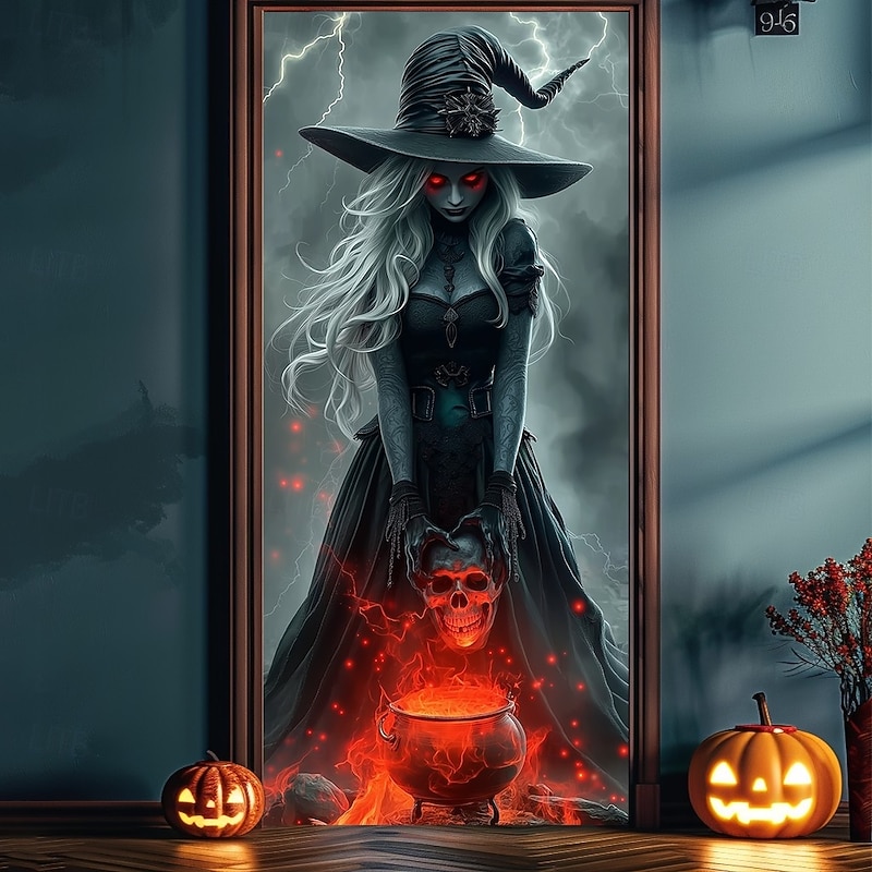 Halloween Door Cover – Witch Holding Glowing Pumpkin Lantern, Haunted House Entrance Banner, Creepy Outdoor 2025 Halloween Decoration for Bedroom, Living Room, Bathroom3