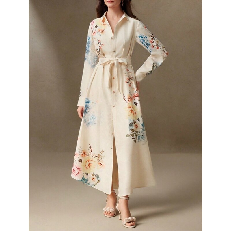 Women's Long Dress Maxi Dress Shirt Dress Casual Dress Fashion Modern Daily Beach Weekend Regular Fit Floral Long Sleeve Shirt Collar White Summer