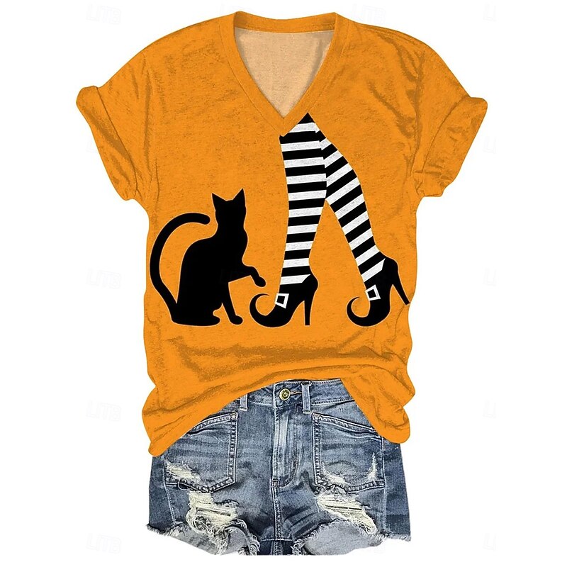 Halloween Women's T shirt Witch Graphic Cat Vintage Stylish Classic Short Sleeve V Neck Regular Tops Daily Print Orange Green Summer Spring Fall2