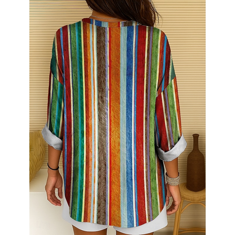 Women's Shirt Cotton Linen Shirt Blouse Long Sleeve Tunic Graphic Geometric Striped Vintage Tropical Daily Long Sleeve V Neck Regular Tops Work Daily Holiday Buttons Print Yellow Red Blue Purple2