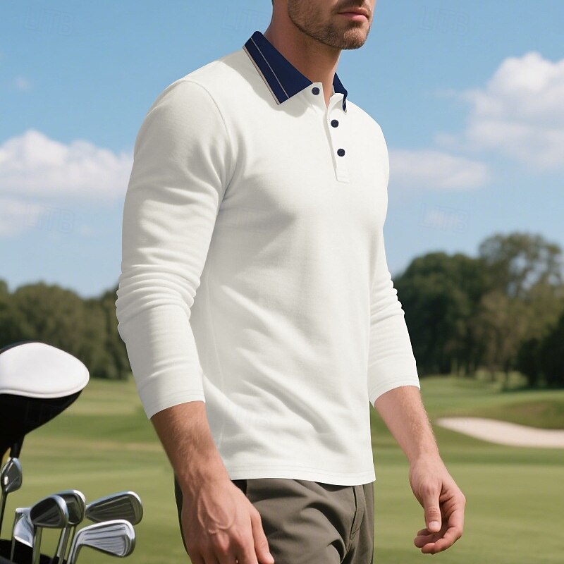 Men's Golf Shirt Golf Polos Shirts Work Casual Lapel Long Sleeve Basic Modern Color Block Buttons Spring Fall Regular Fit Depression Green Black White Brown Khaki Army Green Golf Shirt3