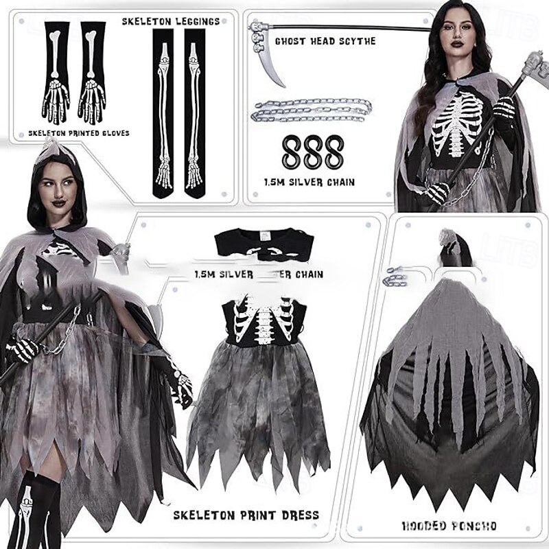 Skeleton Skull Grim Reaper Halloween Dress Outfits Costume Horror Scary Costume Adults' Women's Halloween Carnival Performance Party Easy Halloween Costumes Dress Up2