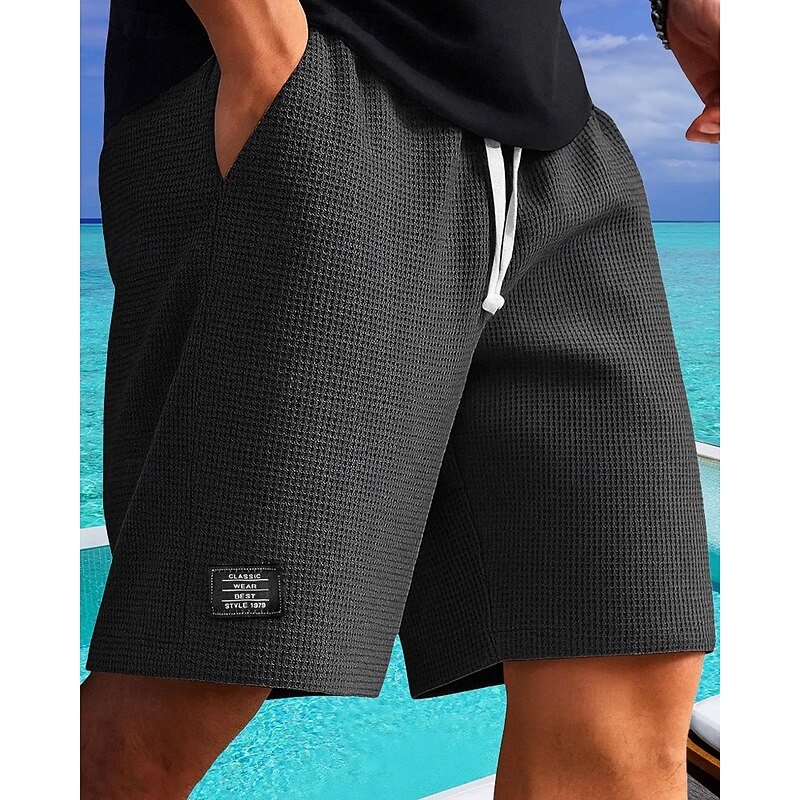 Men's Waffle Shorts Shorts Summer Shorts Casual Shorts Drawstring Pocket Elastic Waist Plain Comfort Breathable Short Outdoor Vacation Sport Casual Black White4