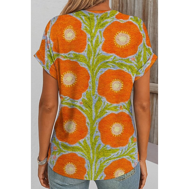 Women's T Shirt Floral Graphic Plants Vintage Stylish Classic Short Sleeve V Neck Notched Neck Regular Tops Daily Going out Weekend Print Orange Summer Spring2