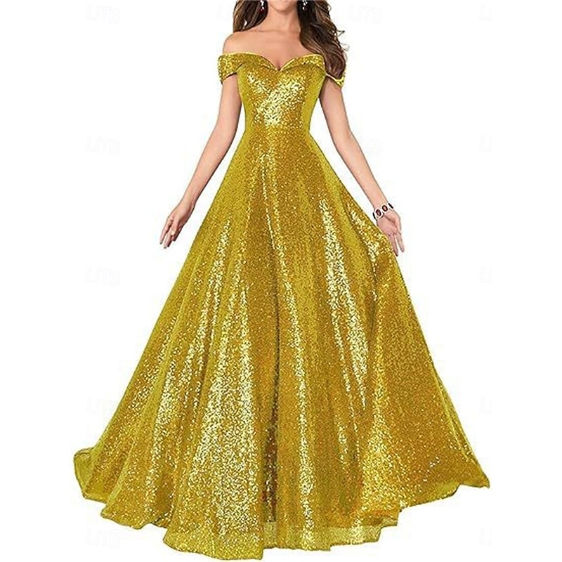 A-Line Evening Gown Elegant Dress Formal Performance Floor Length Short Sleeve Off Shoulder Sequined Backless with Pleats
