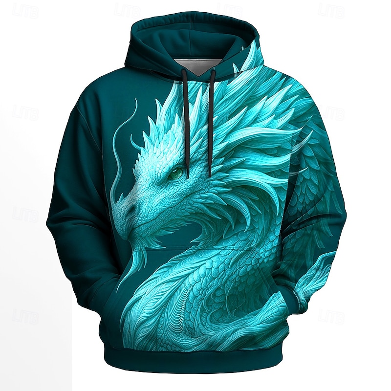 Men's Dragon 3D Hoodies Sweatshirt Cool Party Long Sleeve Crew Neck Club Streetwear Blue Green Drawstring Graphic Fall Winter Designer3