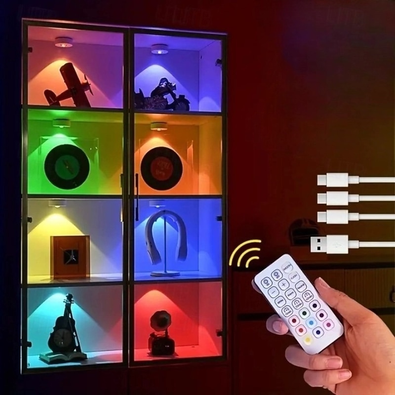 Rechargeable Magnetic RGB LED Cabinet Light with Remote Control Picture Light 12 Color Options Indoor Light for Cabinets and Display Cases USB Rechargeable Xmas Halloween Home Decorative Lamp 1/3Pcs