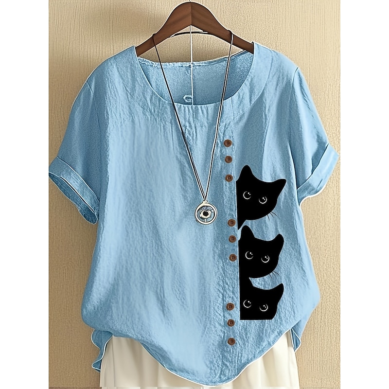 Women's Cotton Linen Shirts Animal Cat Elegant Daily Stylish Short Sleeve Crew Neck Regular Tops Daily Holiday Vacation Wear Buttons White Yellow Navy Blue Blue Purple Summer Spring2