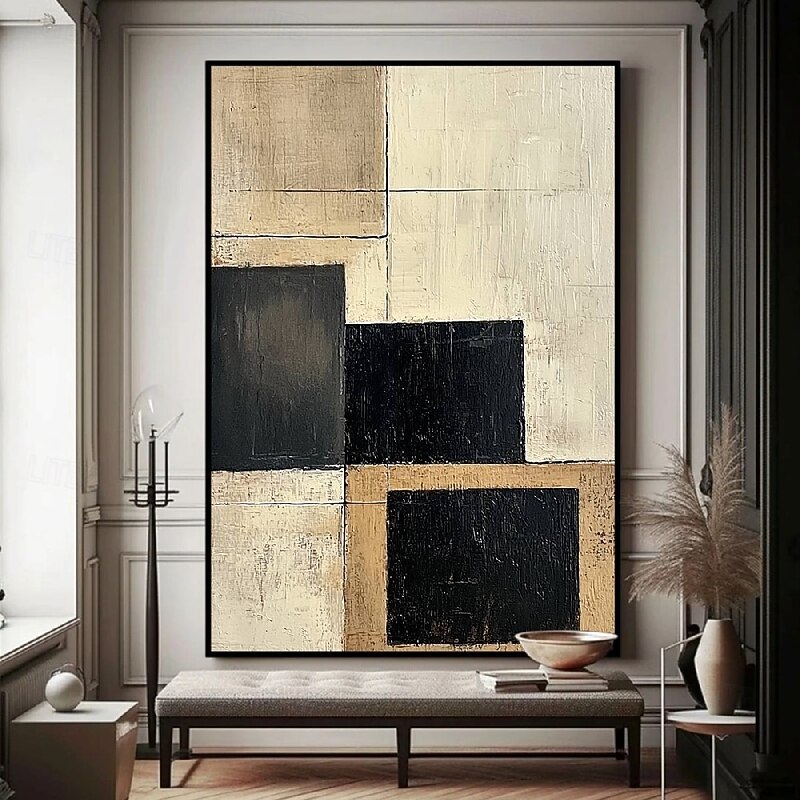 Handmade hand Painted Geometric Oil Painting Abstract Rectangles Modern Minimalist Art Textured Canvas Beige Taupe Charcoal Black Blocks Neutral Tones Contemporary Home Decor Wall Art Living Room2