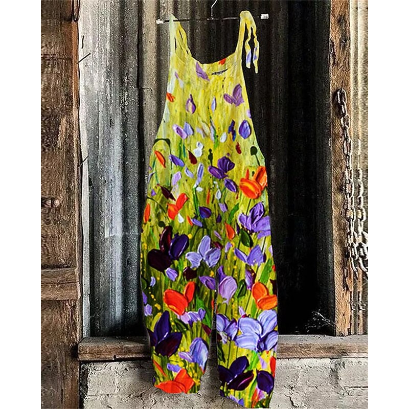 Women's Normal Jumpsuit Streetwear Floral Sleeveless U Neck Print Street Daily Regular Fit Black White Yellow Summer4