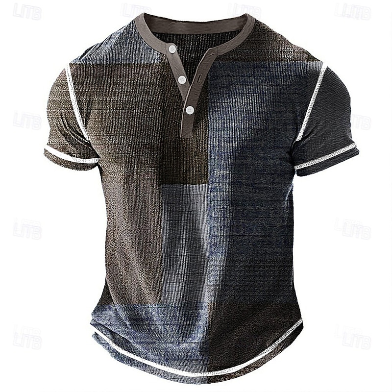 Men's Geometric Patchwork Henley Shirt Waffle T Shirt Short Sleeve Daily Retro Vintage Classic Sports Outdoor Casual Holiday Spring & Summer Blue Green Purple Brown Grey Henley Henley T-Shirt2