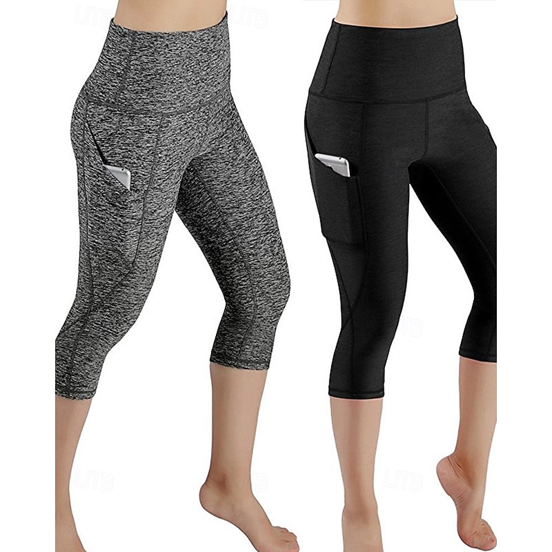 Women's Capri Leggings Yoga Leggings with Pockets Tummy Control High Waist Gym Athletic Pilates Bottoms Printing Black Army Green Burgundy Fall Sports Activewear Tight Fit