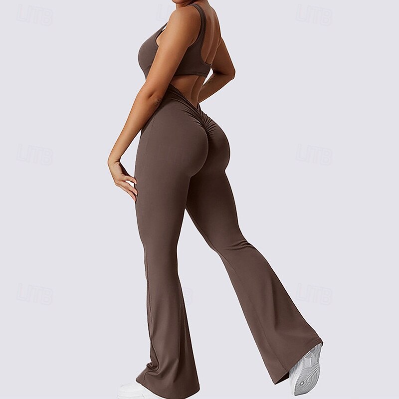 Women's Scrunch Yoga Romper Workout Jumpsuits Backless Solid Color Bodysuit Black Coffee Gym Workout Volleyball Running High Waist Stretchy Breathable Tummy Control Sport Activewear Tight Fit3