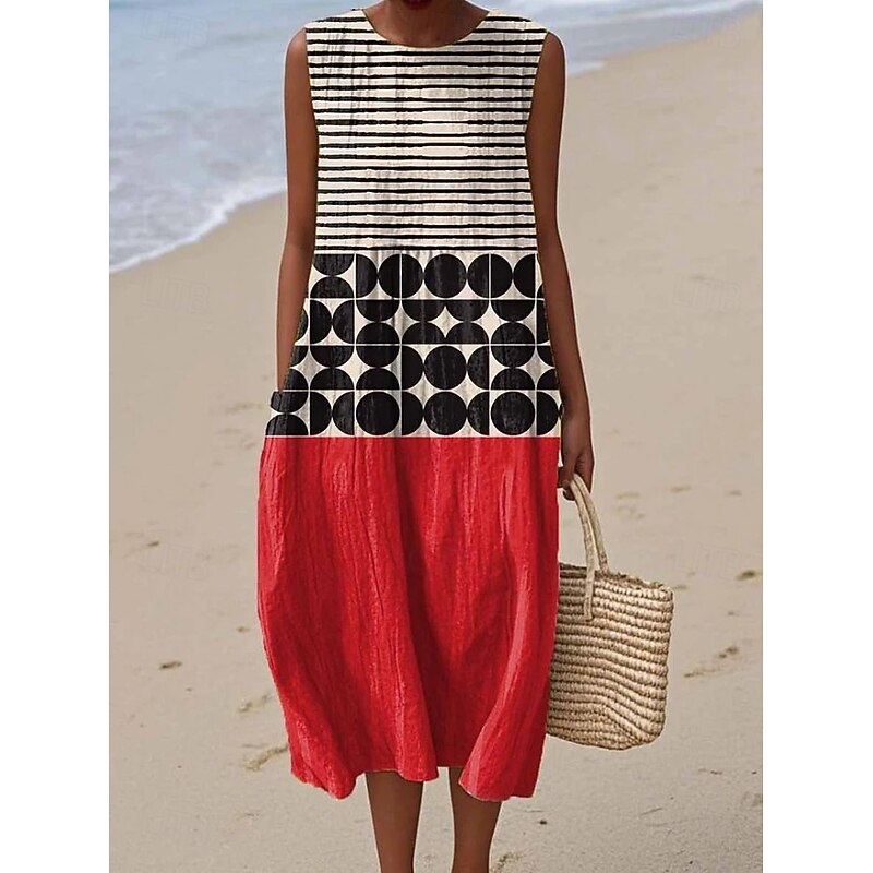 Women's Midi Dress Sundress Vacation Casual Boho Party Beach Loose Fit Geometric Sleeveless Crewneck Pink Red Blue Orange Summer Spring3