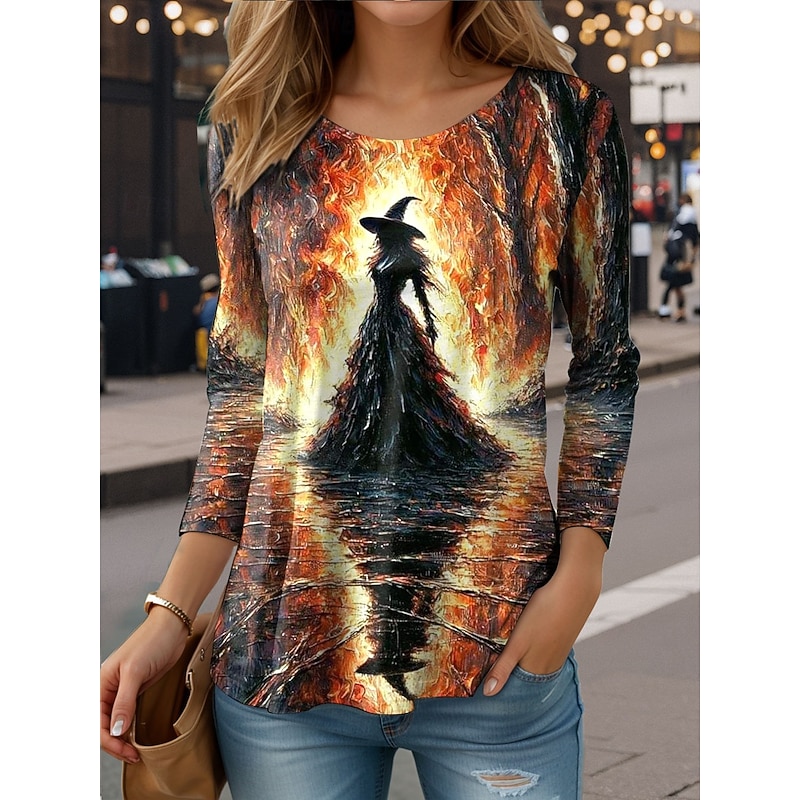Halloween Women's T shirt Witch Long Sleeve Crew Neck Long Sleeve Tunic Graphic Vintage Stylish Casual Round Neck Regular Tops Daily Print Blue Purple Orange Green Fall Prefall