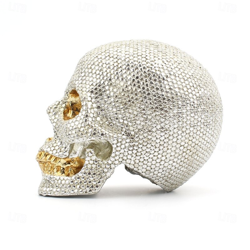 Halloween Resin Figurine Silver Sequin Mini Skull Decor Creative Home Tabletop Ornament Spooky Halloween Resin Craft Decorative Accessory for Party Bar Shelf Display2