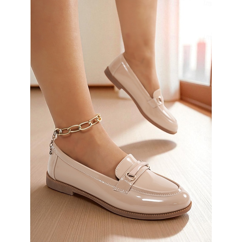 Women's Nude Patent Leather Loafers with Buckle Detail - Elegant Slip-On Flats for Ladies, Classic Preppy Style Office Shoes for Daily Work, School, and Casual Outings2