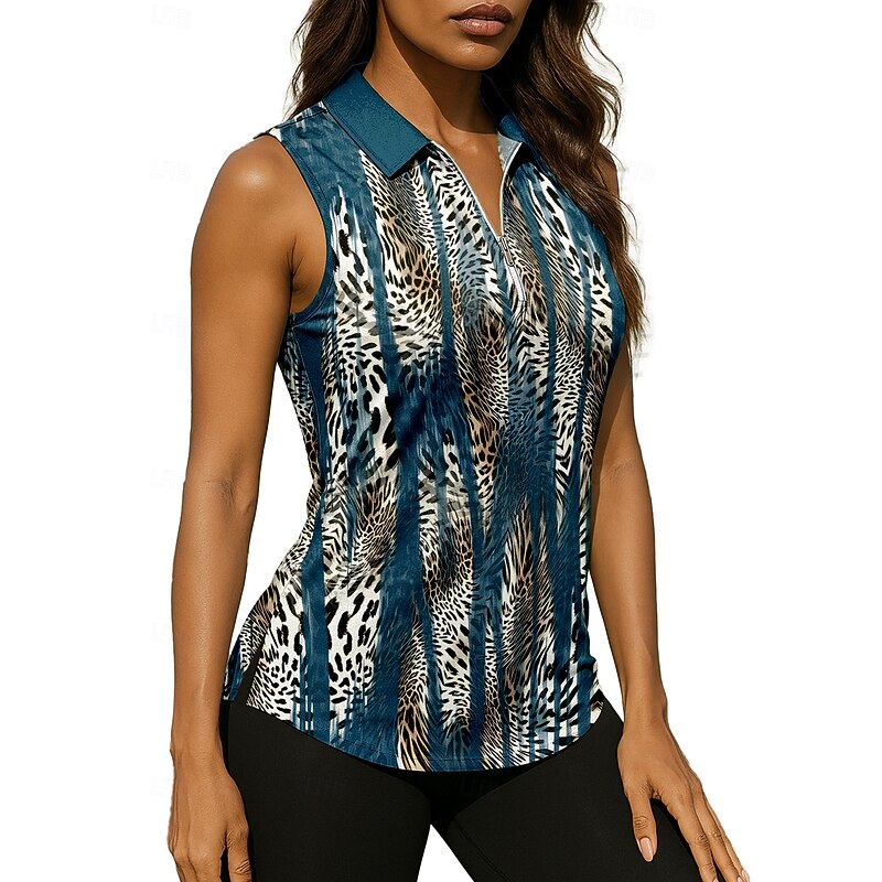 Women's Leopard Stripes Sport Shirt Golf Polo Shirt Tennis Shirt Sleeveless Zipper Floral UPF50+ UV Resistant High Elasticity Moisture Wicking Breathable Tennis Golf Pickleball Shirt Top Blue Tennis3