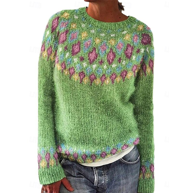 Women's Sweater Casual Soft Geometric Ribbed Crew Neck Knitted Print Long Sleeve Regular Tops Knit Outdoor Daily Weekend Yellow Green Fall Winter